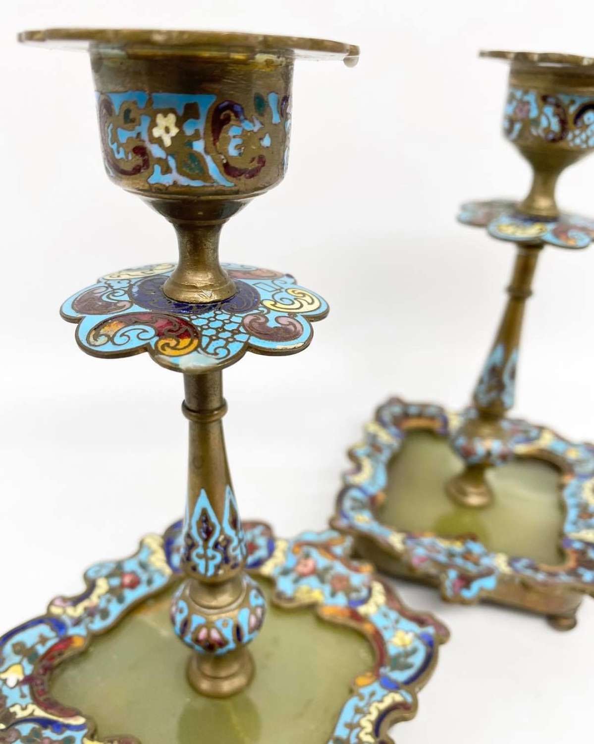 Pair of Champleve Candlesticks