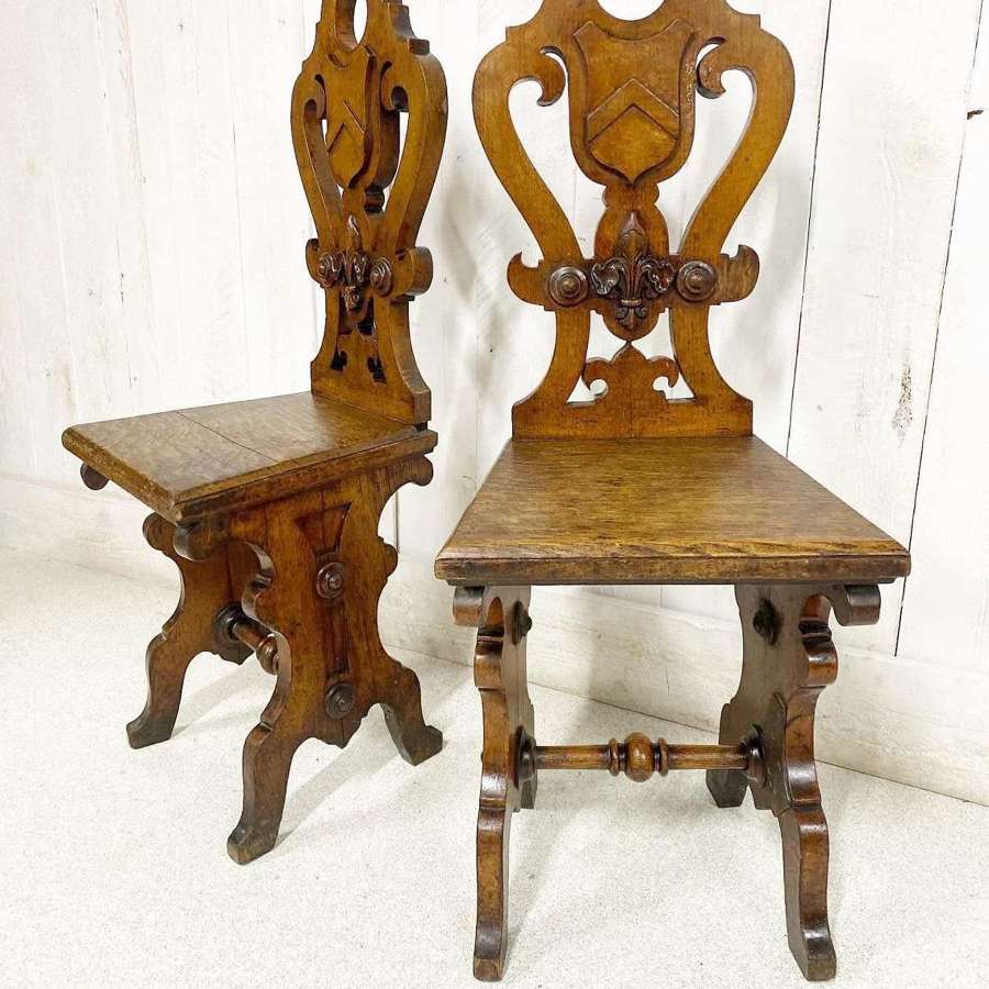 Pair of Oak Gothic Revival Hall Chairs