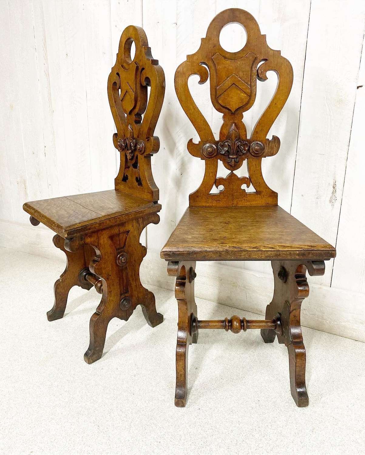 Pair of Oak Gothic Revival Hall Chairs
