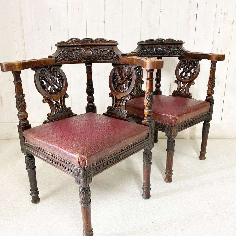 Pair of Victorian Jacobean Revival Corner Chairs