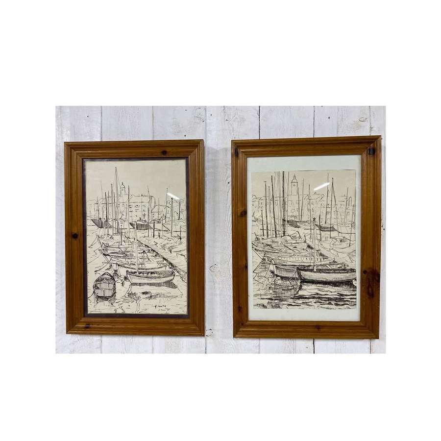 Pair of Mid Century Pen and Ink Pictures