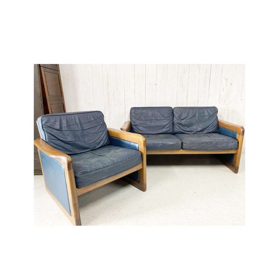 Danish Dyrlund Leather and Teak Sofa and Chair Set
