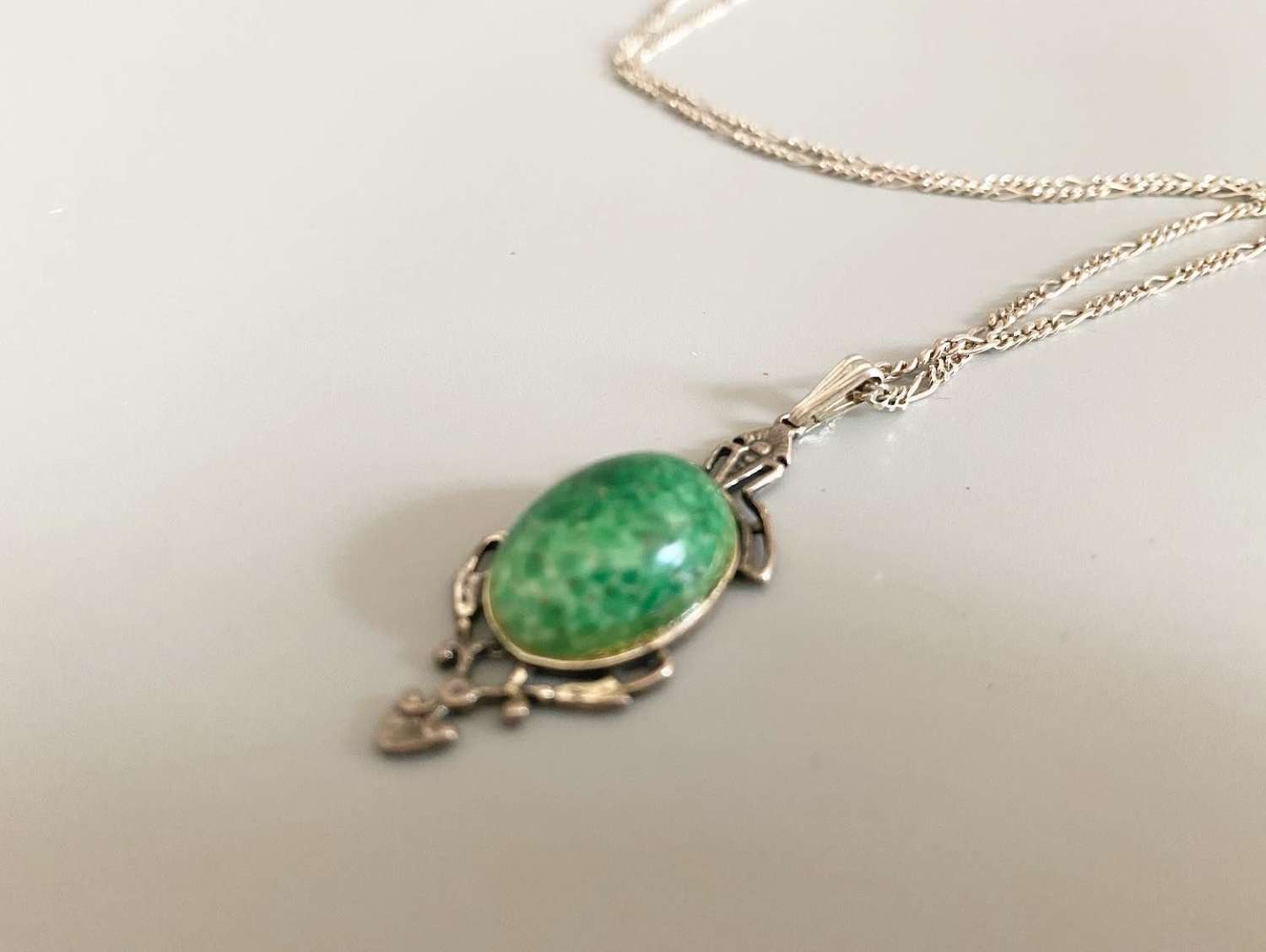 Silver Chain and Pendant with Green Agate