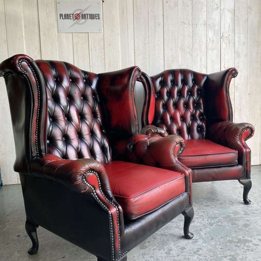 Pair of Leather Wingback Chesterfield Chairs