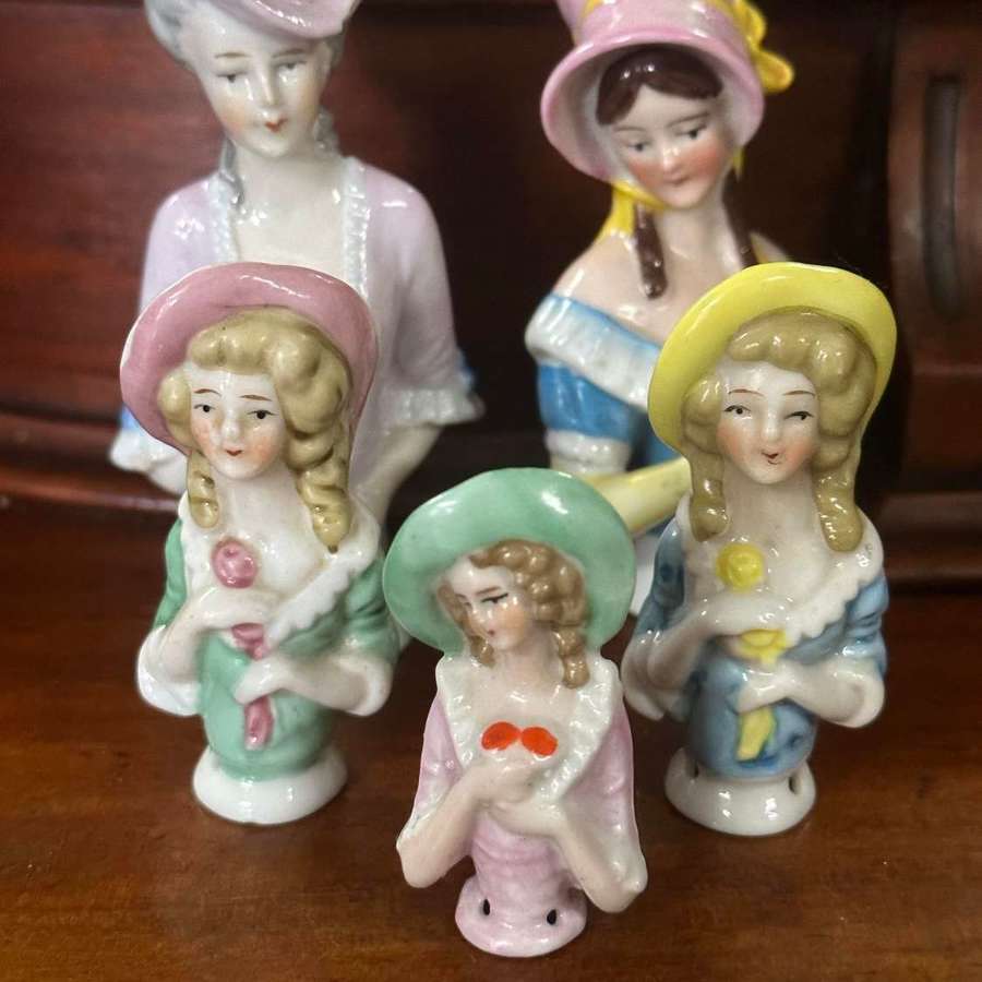 Set of 5 Porcelain half doll pin cushion heads
